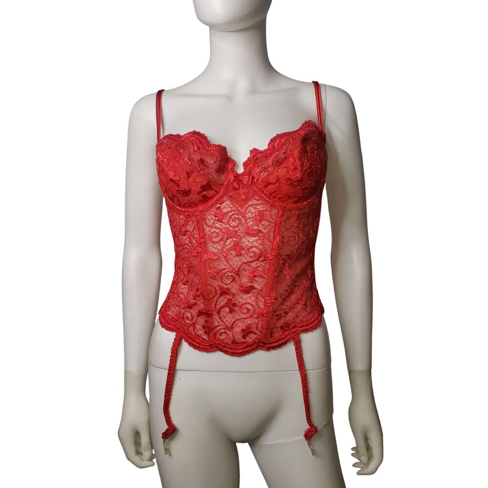 Vintage 80's LILY OF FRANCE Red Lace Underwire Bustier Corset with Garters 36C